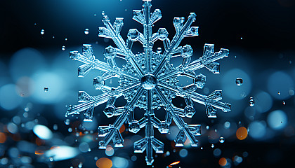 The complex structure of a snowflake, captured in a macro photograph.