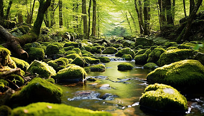 Mossy stones lining a babbling brook in the heart of a forest.