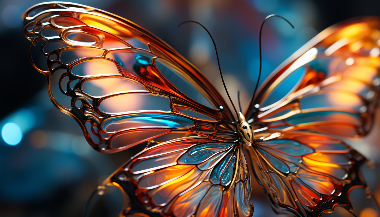 Close-up of iridescent butterfly wings, revealing intricate patterns and hues.