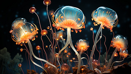 Glowing bioluminescent organisms in a dark ocean.