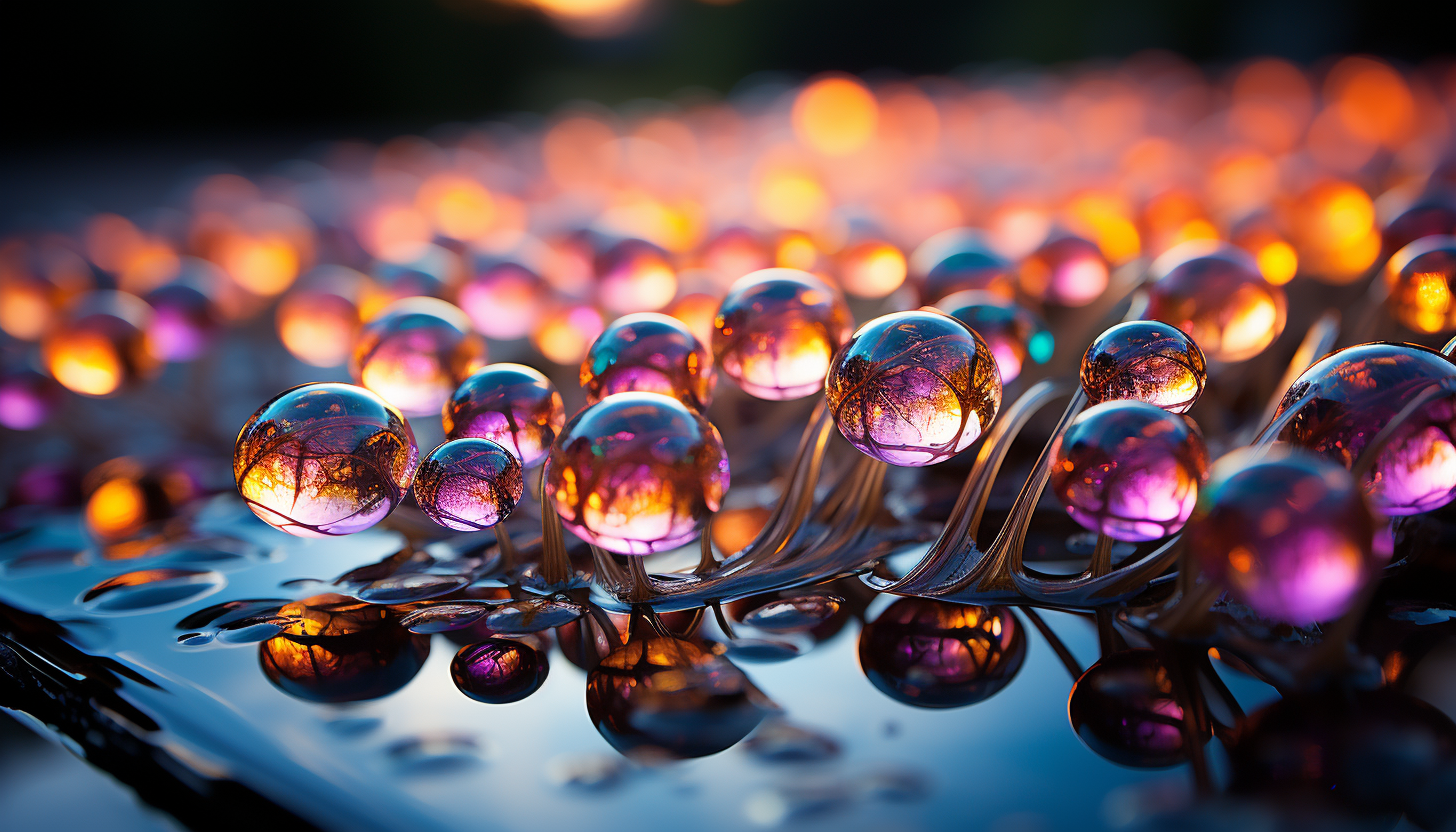 Macro view of iridescent bubbles reflecting light and creating a kaleidoscope effect.