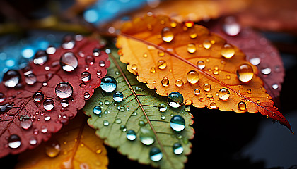 Close-up of dewdrops reflecting a rainbow of colors on a leaf.