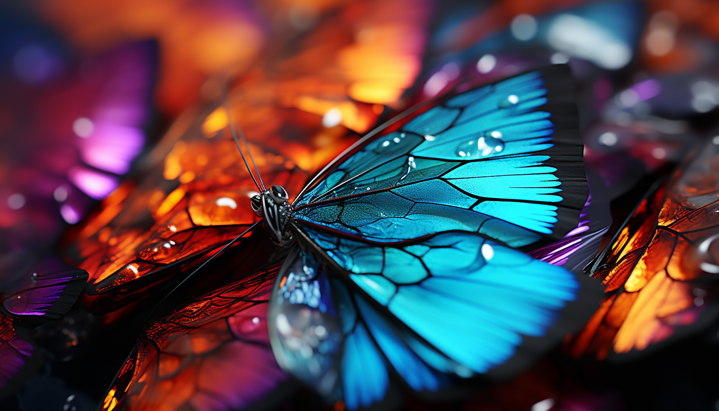 Macro shot of butterfly wings, displaying dazzling colors and detailed vein structure.