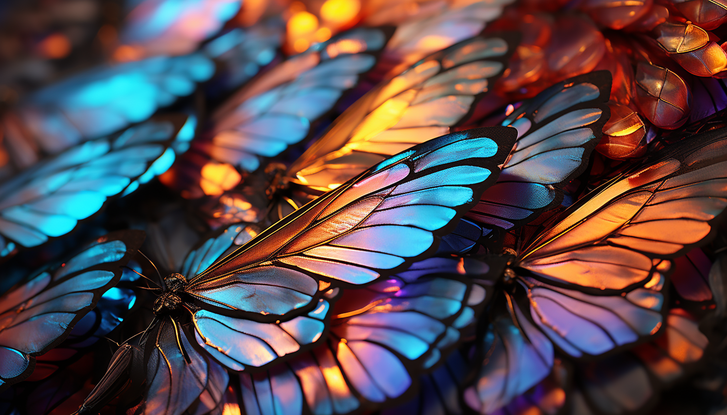 A close-up of iridescent butterfly wings displaying intricate patterns.