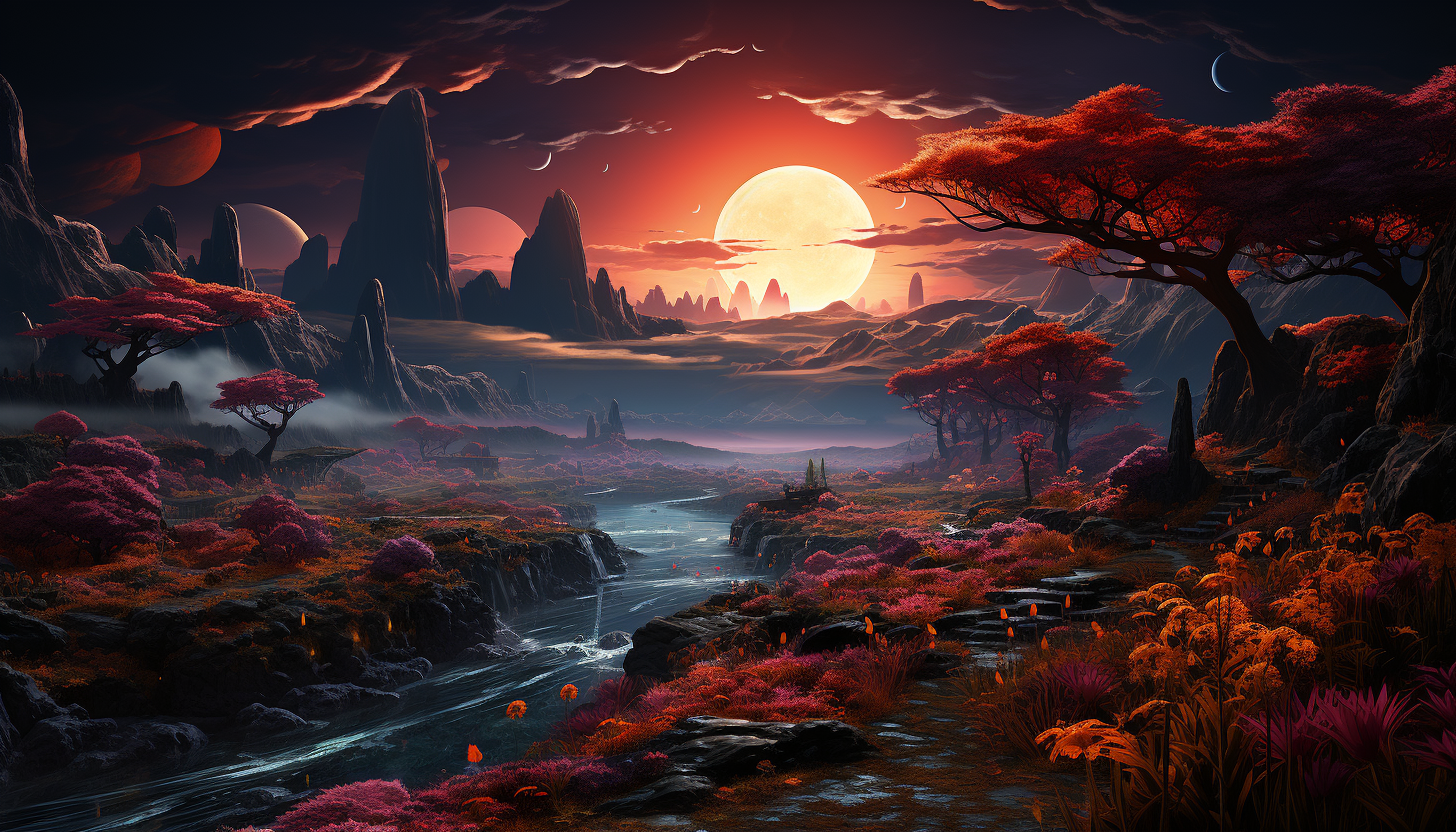 An otherworldly landscape of an alien planet with colorful skies and unusual flora.