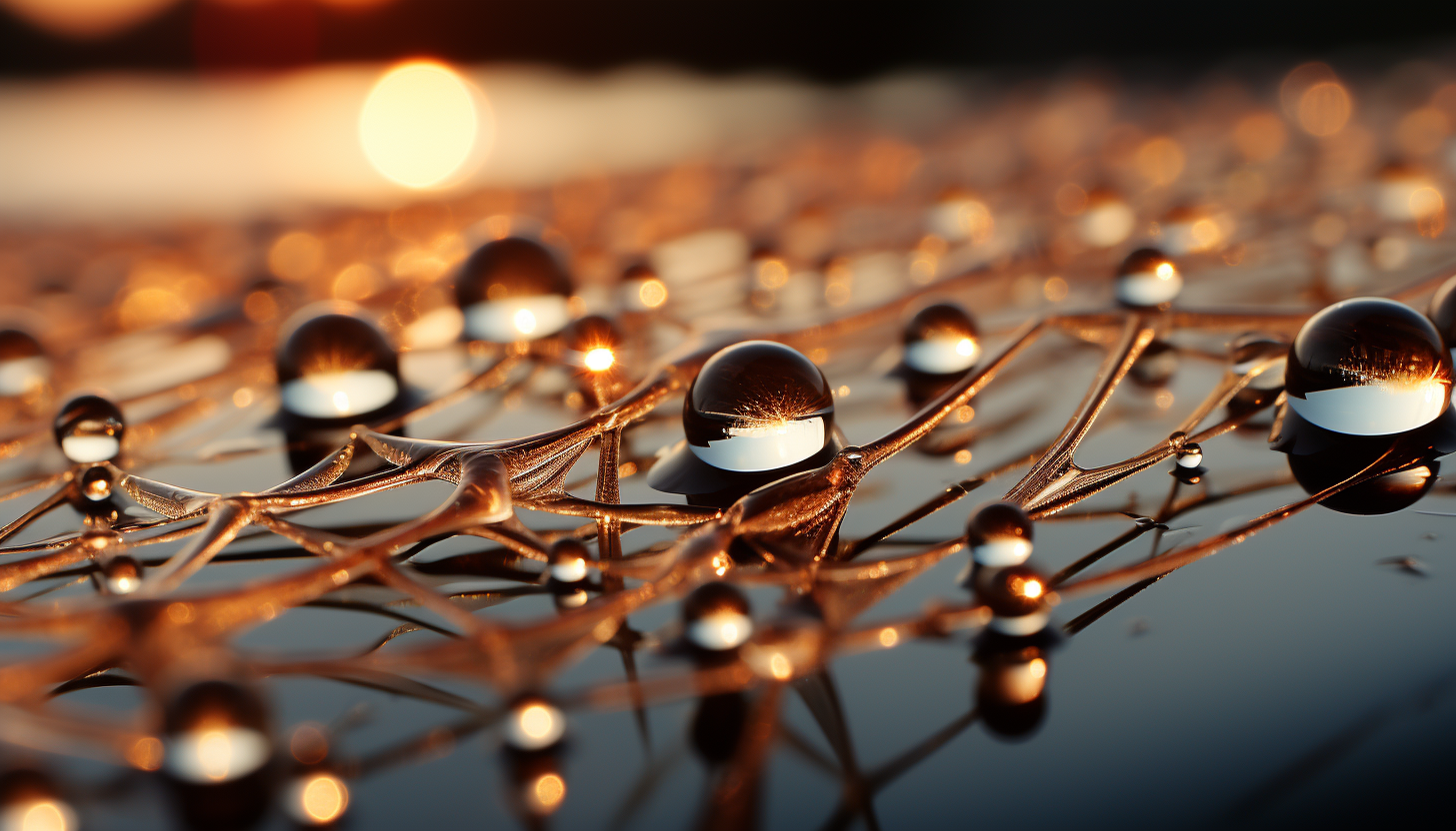 Macro view of dewdrops on a spider's web, reflecting the morning sun.