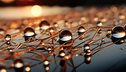 Macro view of dewdrops on a spider's web, reflecting the morning sun.