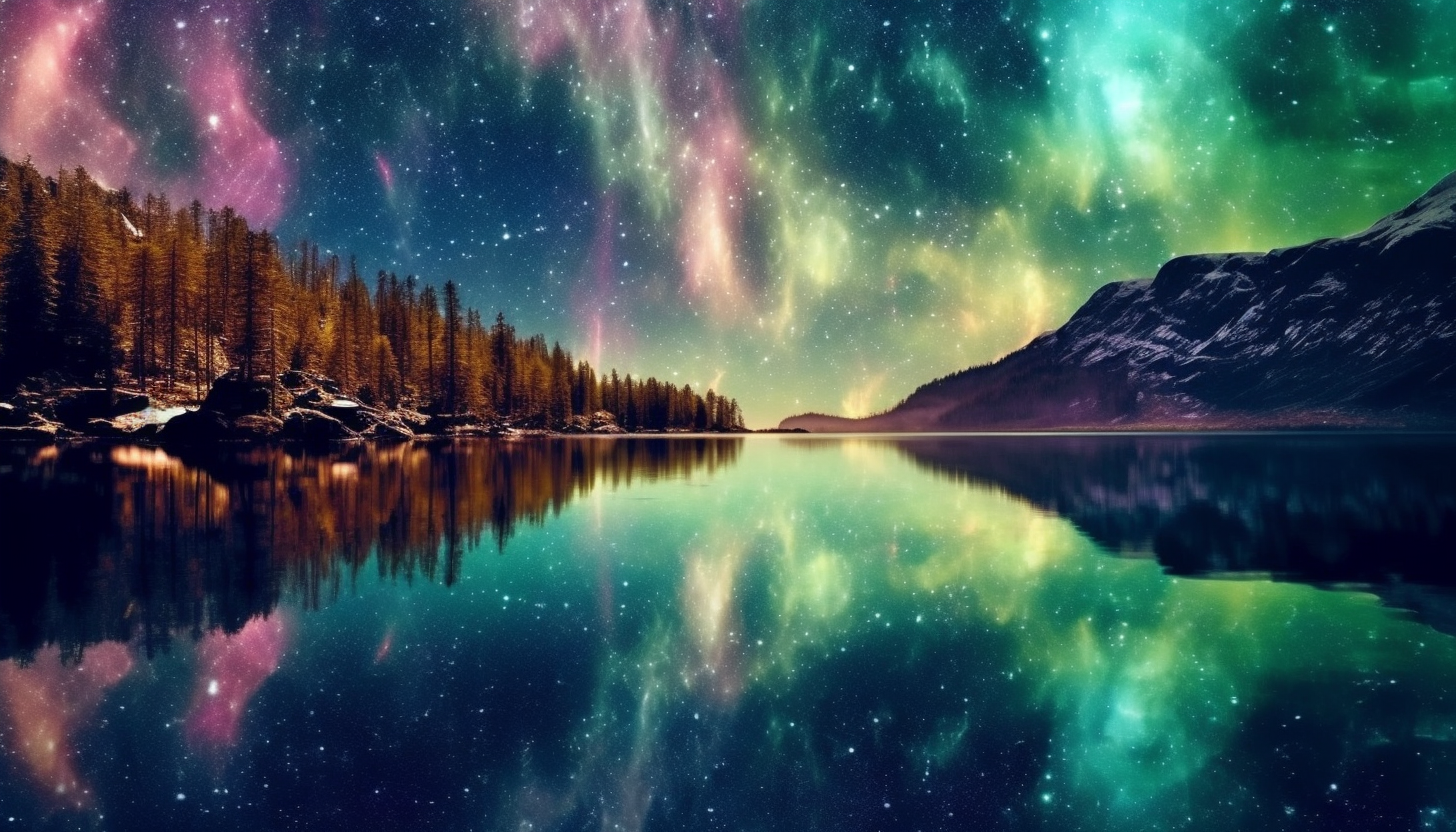 A mirrored lake reflecting the aurora borealis.