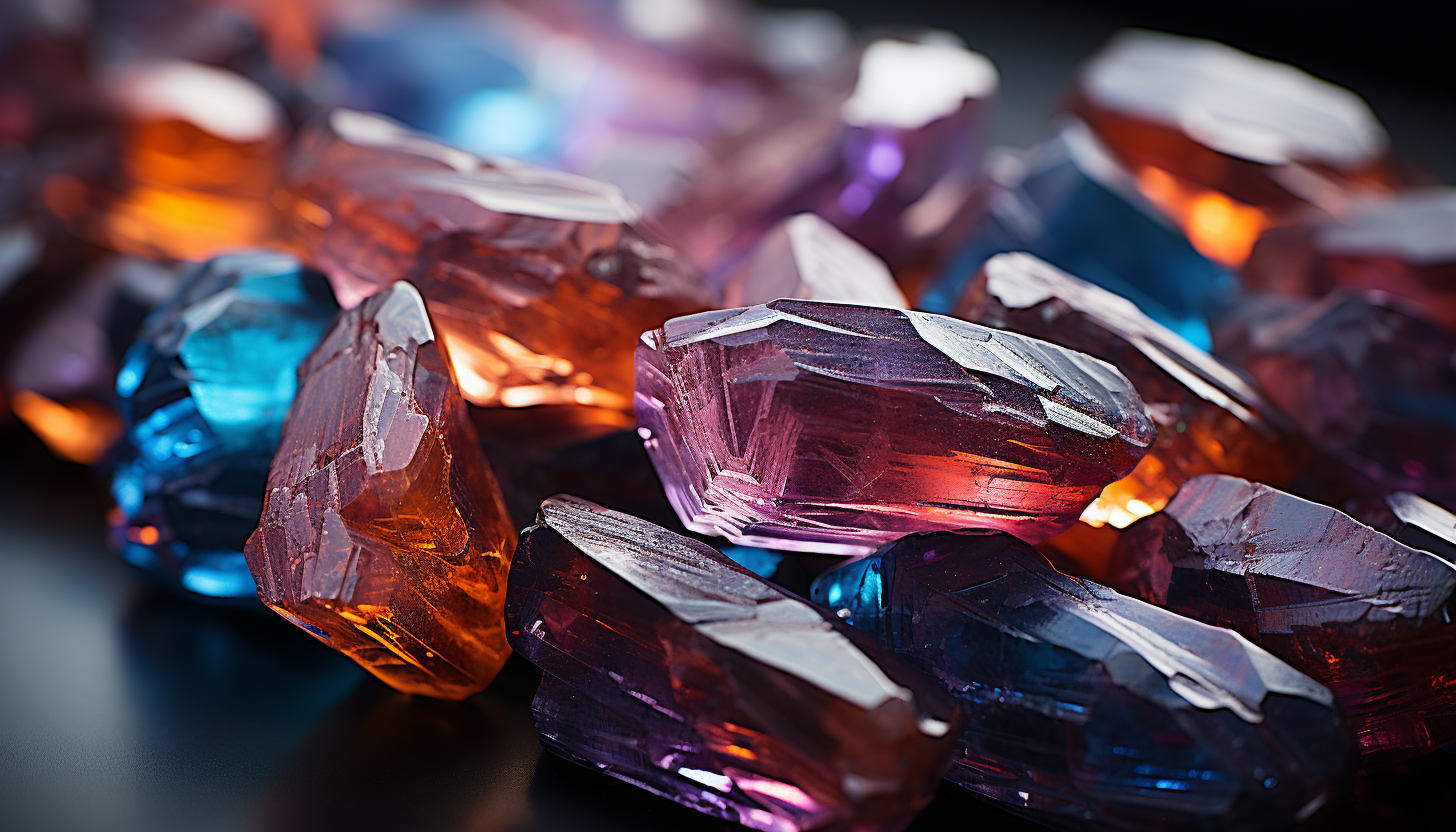 Macro shot of colorful minerals or crystals, reflecting light in dazzling ways.