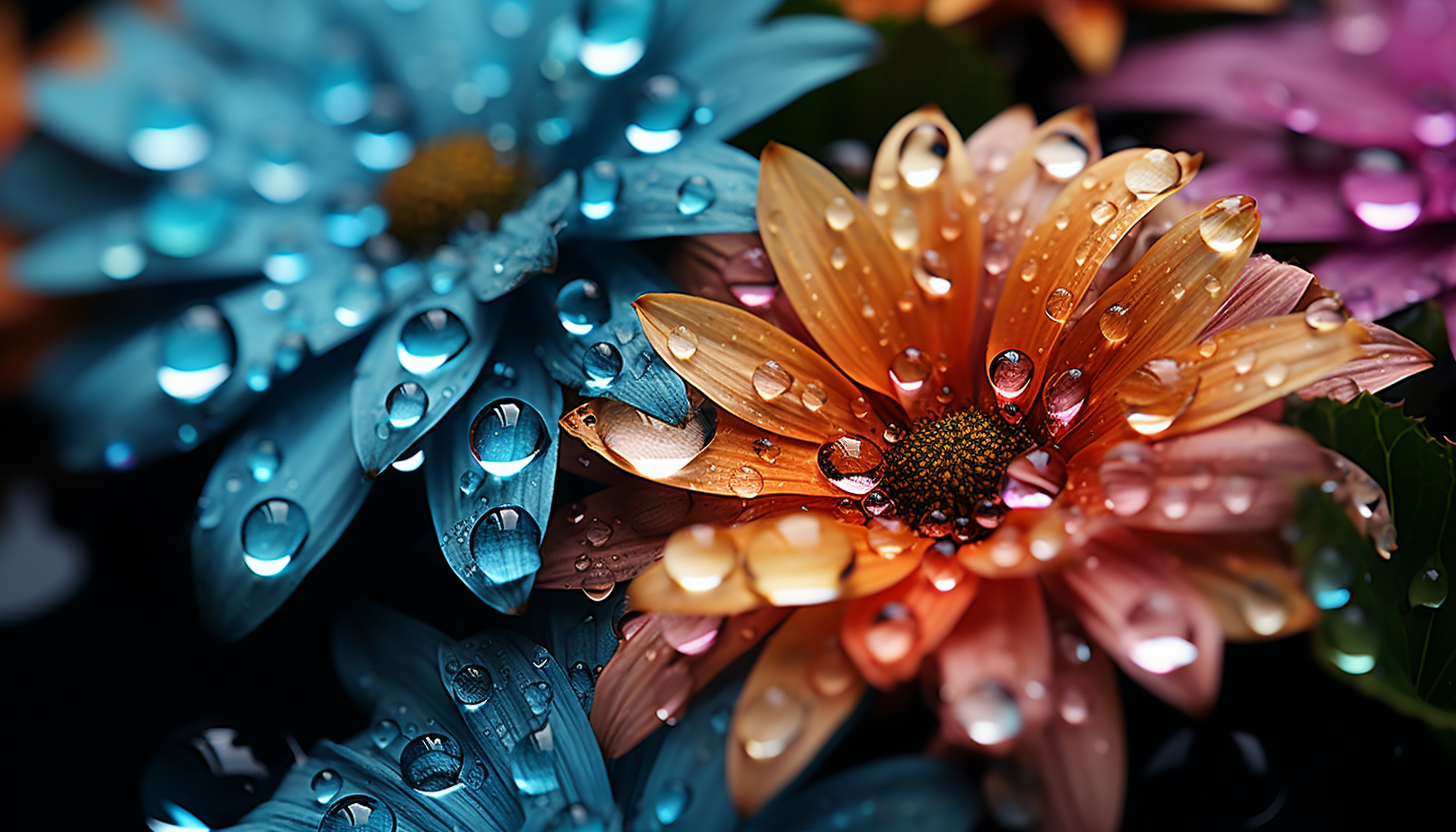 Extreme close-up of dewdrops on a colorful flower petal.