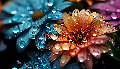 Extreme close-up of dewdrops on a colorful flower petal.