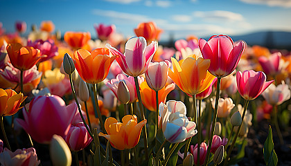 A field of multicolored tulips in full bloom, creating a sea of color.