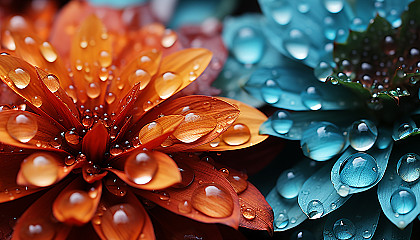 Extreme close-up of dew drops on a vibrant flower petal.