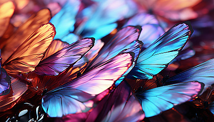 Close-up of iridescent butterfly wings displaying an array of hues.