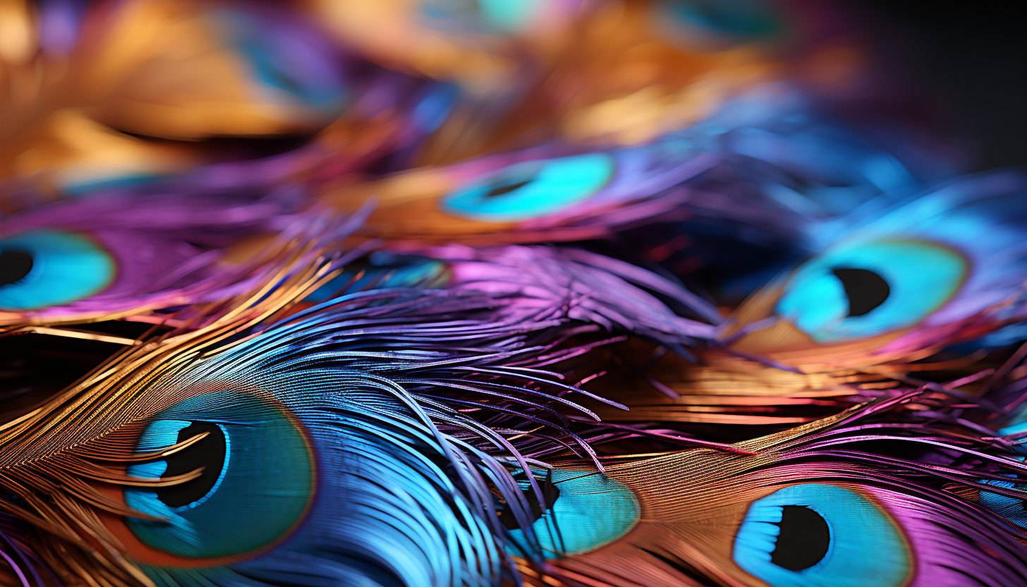 Close-up of a peacock feather, showcasing iridescent colors and patterns.