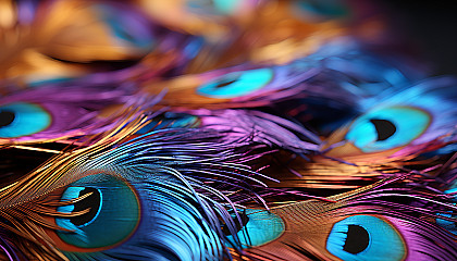 Close-up of a peacock feather, showcasing iridescent colors and patterns.