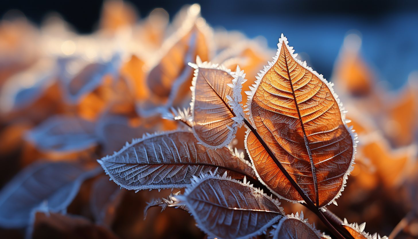 Macro: Minute details of frost forming delicate patterns on a leaf.