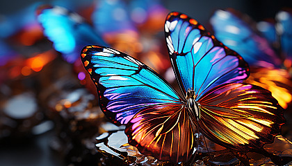 Macro shot of iridescent butterfly wings displaying a spectrum of colors.