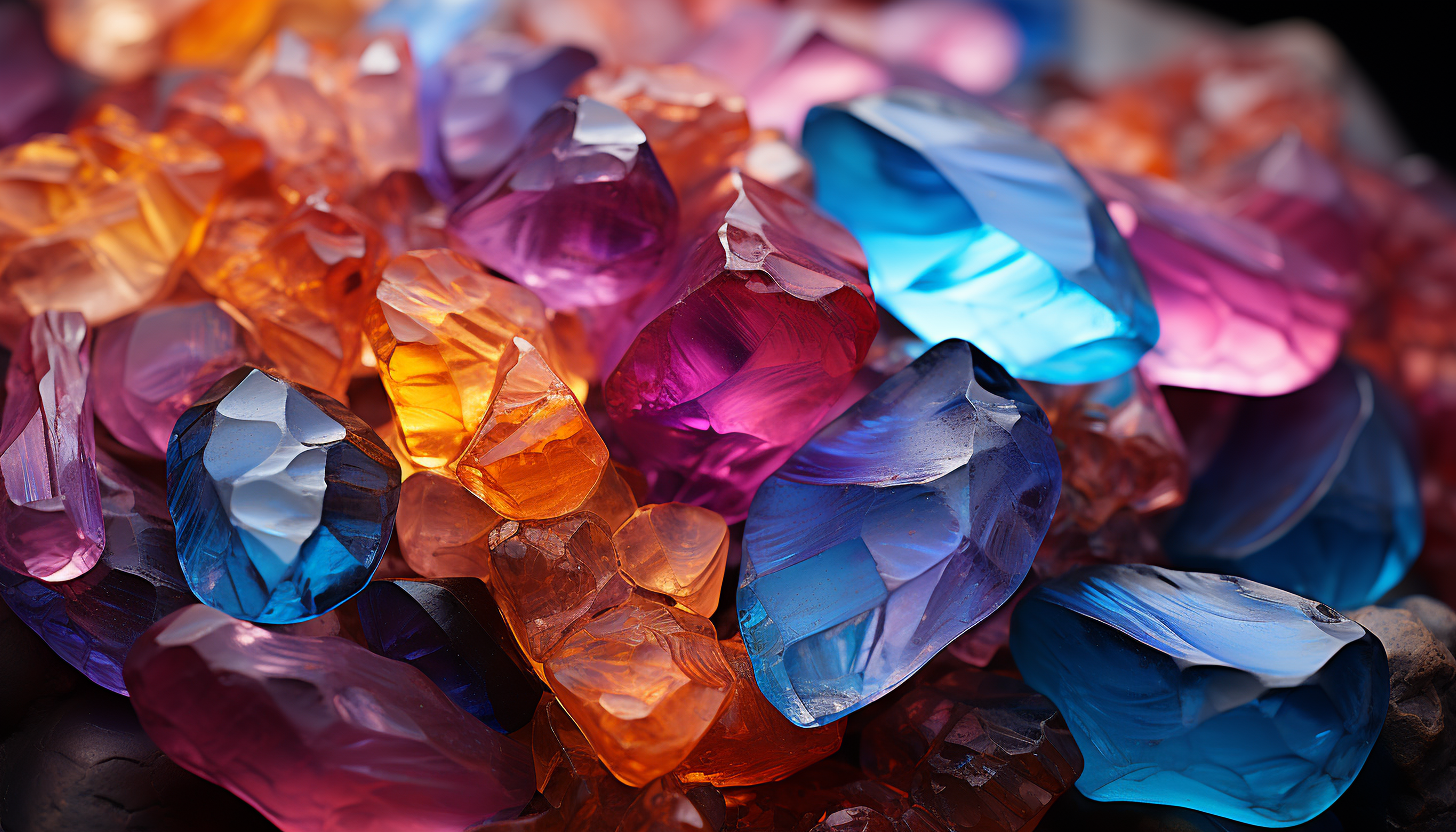 A high-magnification view of colorful crystals forming unique patterns.