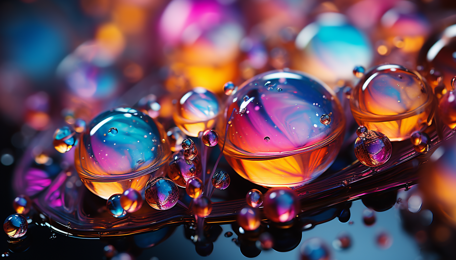 Close-up of iridescent bubbles, capturing a rainbow of colors.