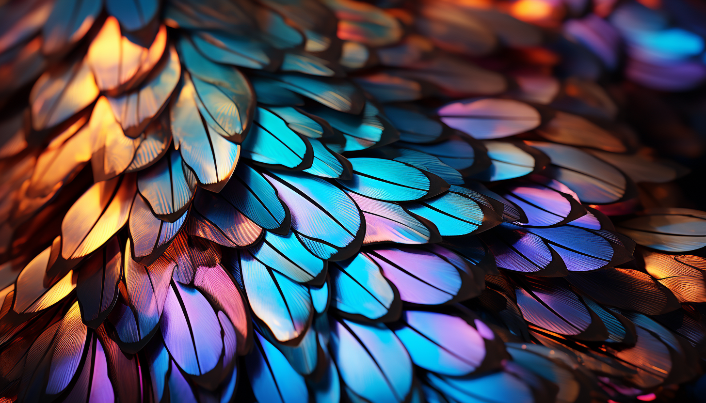 A macro shot of iridescent butterfly wings, showcasing their detailed scales.