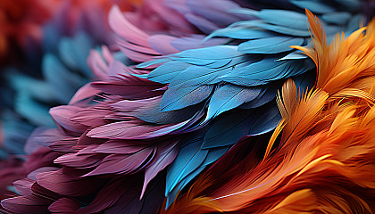 Close-up of colorful feathers on a bird, displaying their delicate structure.