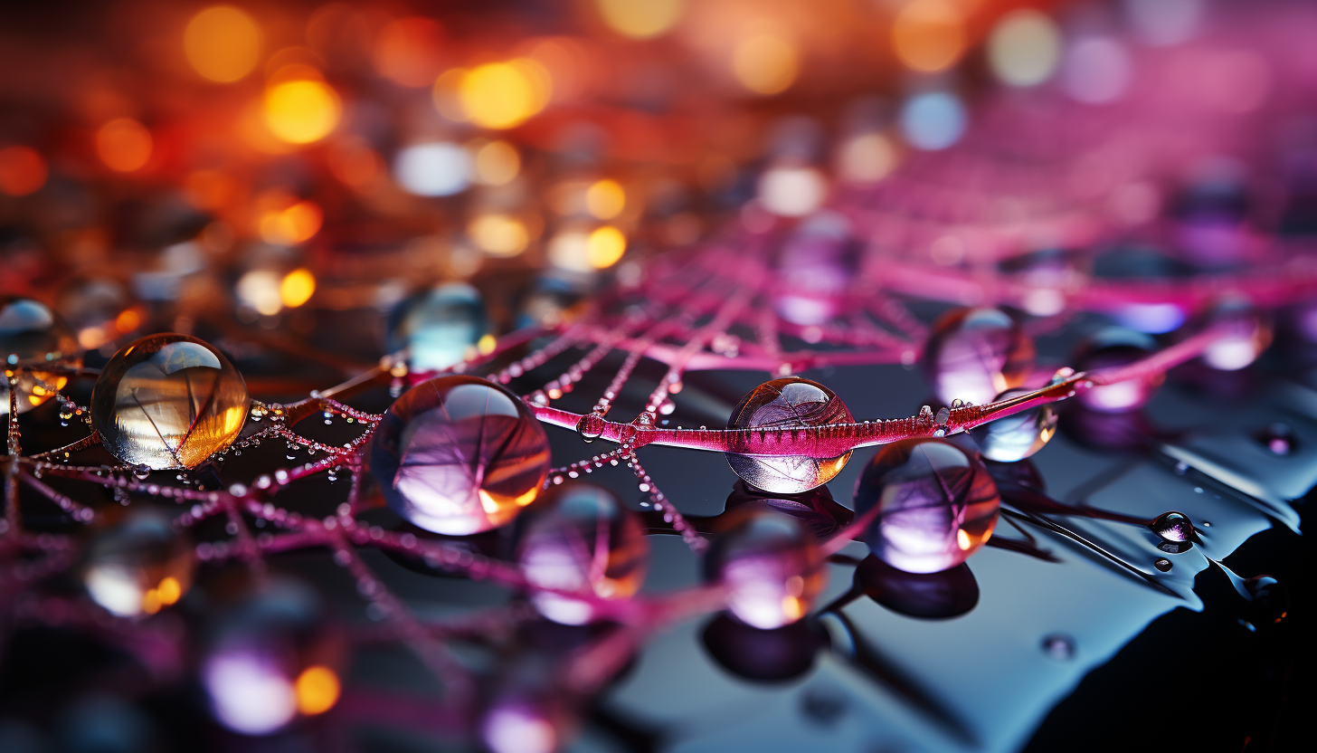 Macro view of dewdrops on a spider's web, reflecting the colors of dawn.