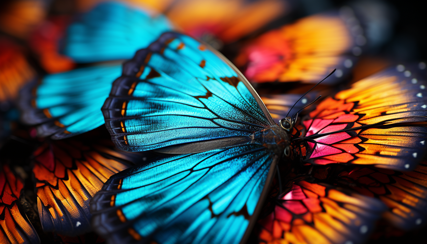 Macro view of a butterfly's wing, showcasing intricate patterns and colors.