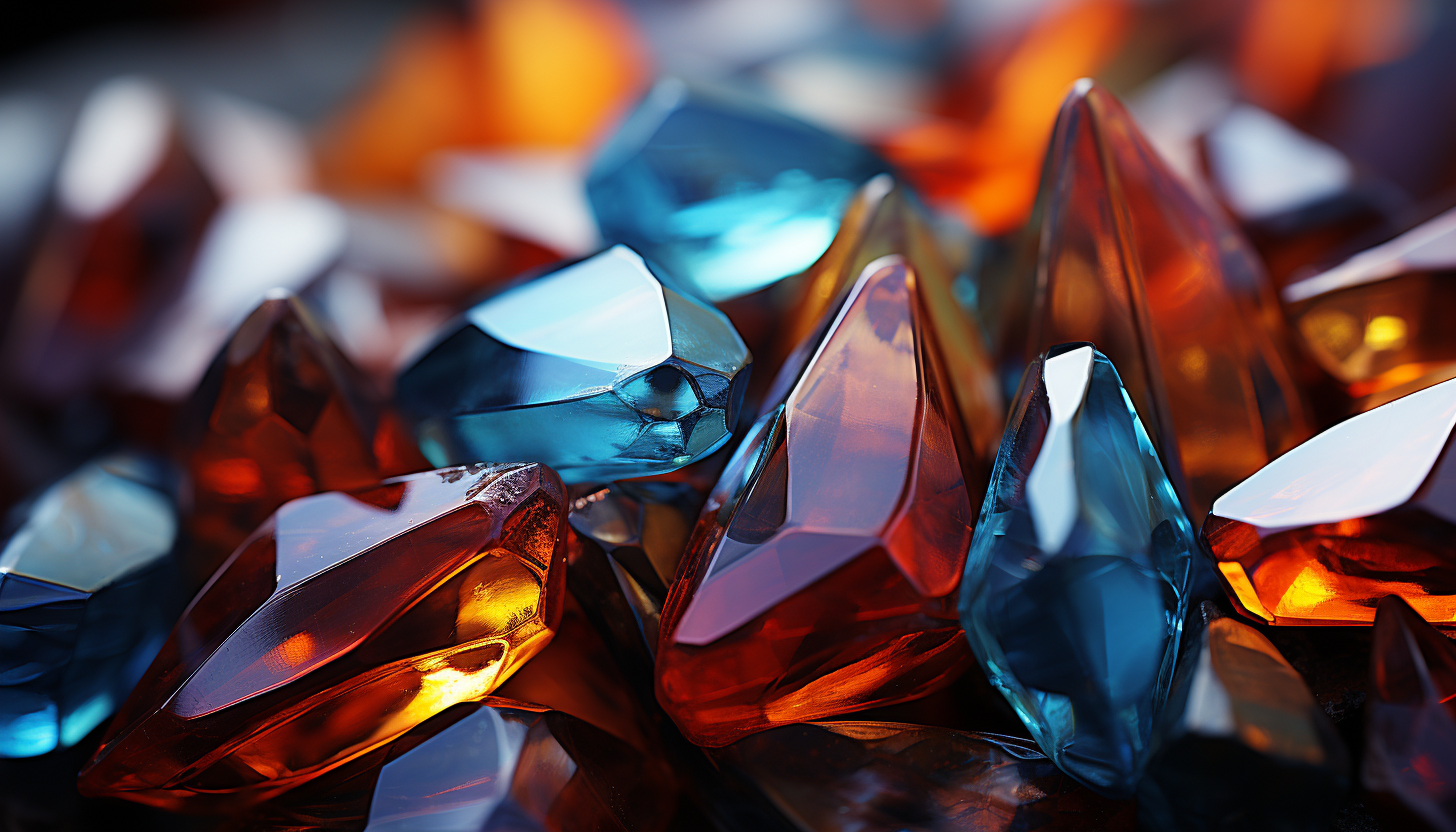 Macro view of a crystal, showcasing its intricate geometrical patterns and colors.