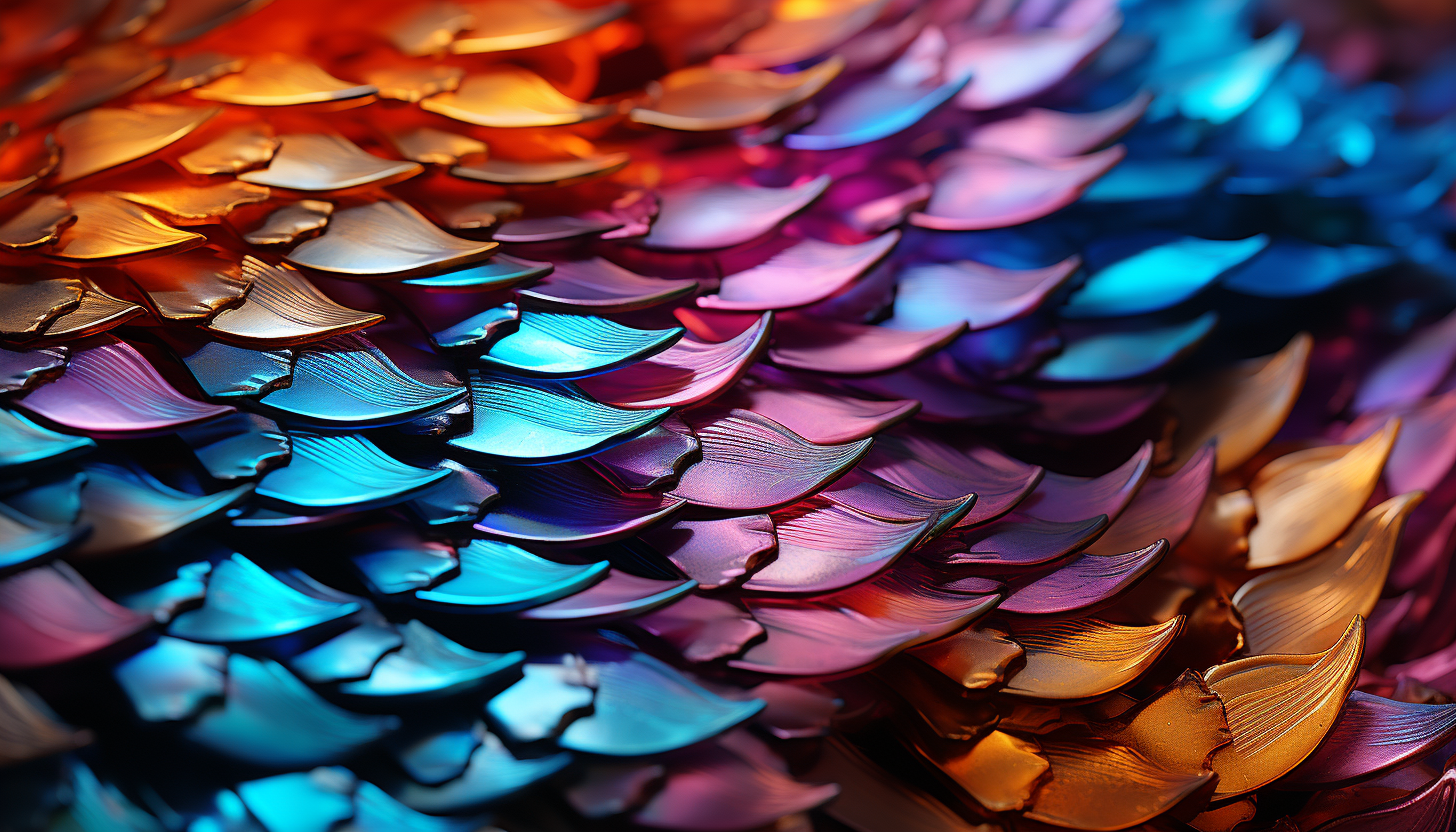 A close-up of the scales of a colorful fish, glimmering underwater.