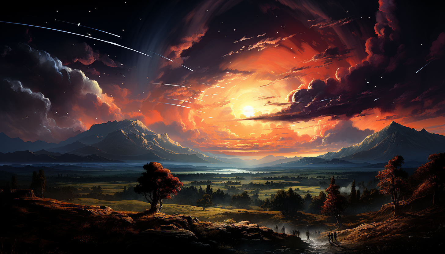 A meteor shower painting bright trails across the sky.