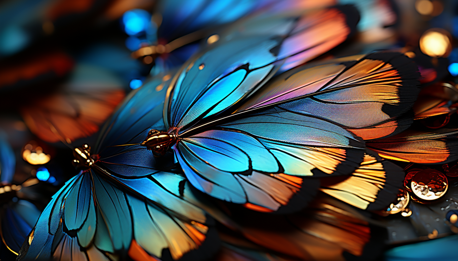 A macro view of butterfly wings revealing intricate patterns and hues.