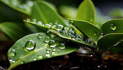 Macro view of a dewdrop on a leaf, reflecting the surrounding flora.