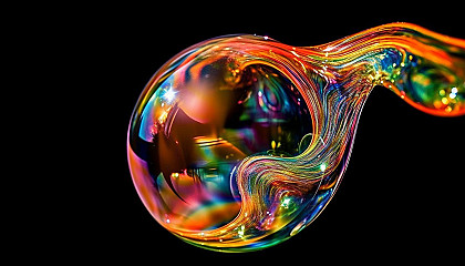 Prismatic colors in a soap bubble floating against a green backdrop.