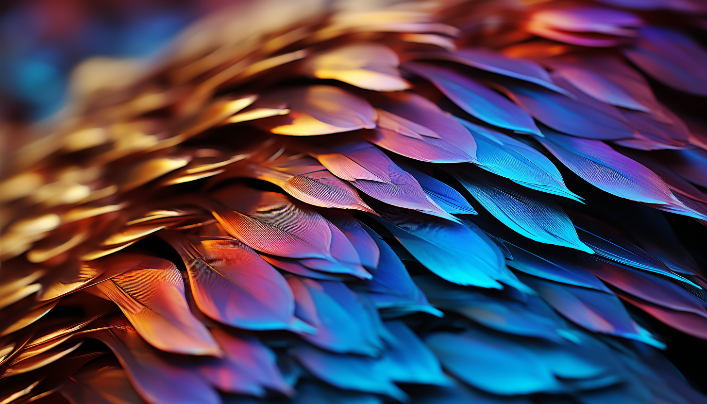 Macro shot of the iridescent scales of a fish or the plumage of a bird.