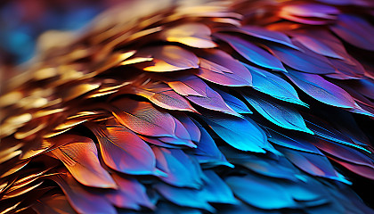 Macro shot of the iridescent scales of a fish or the plumage of a bird.