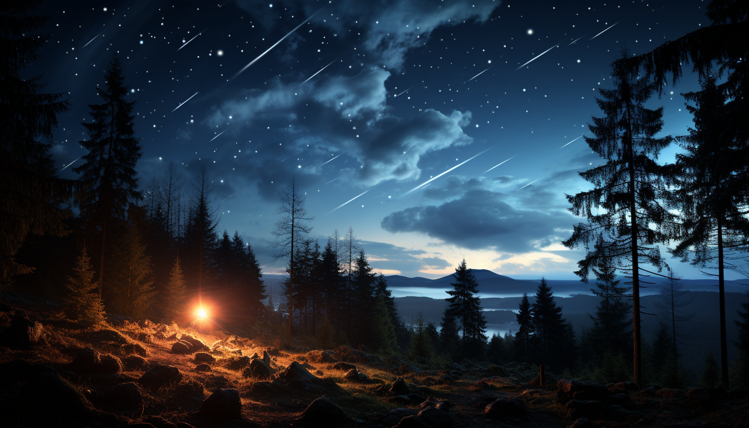 A meteor shower lighting up the night sky with streaks of brilliance.