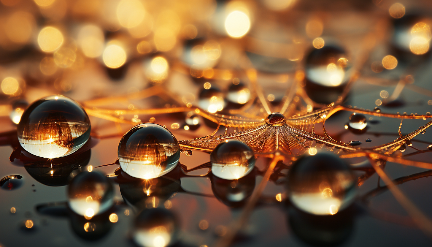 Close-up of dewdrops on a spider's web, reflecting the morning sun.