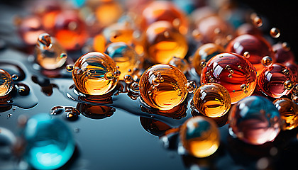 Close-up of bubbles in water, each one reflecting a rainbow of colors.