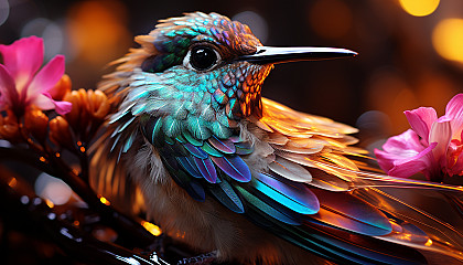 A close-up of a hummingbird's iridescent feathers, shimmering in the sunlight.