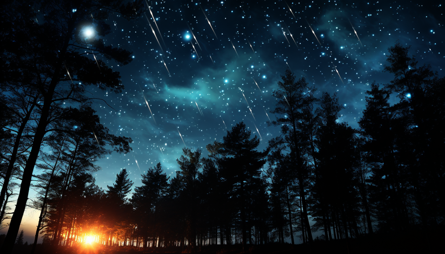 A meteor shower streaking across a star-studded night sky.