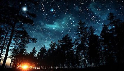 A meteor shower streaking across a star-studded night sky.