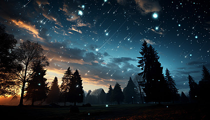 Meteor shower streaking across a night sky filled with constellations.