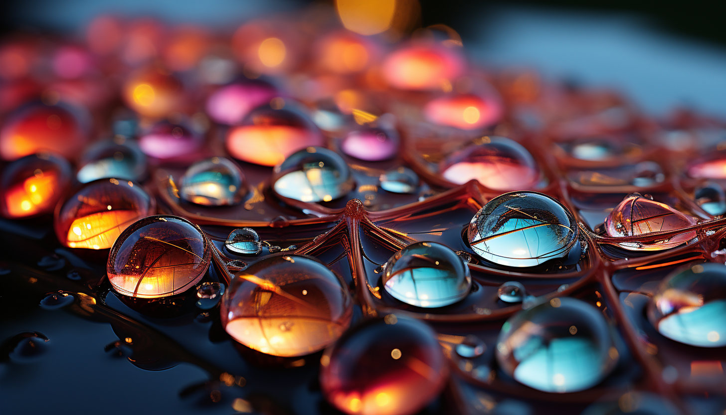 Macro shot of dewdrops on a spider's web, reflecting the colors of the dawn.