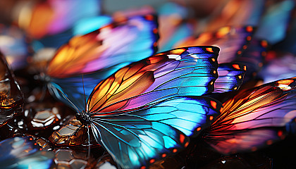 Close-up of iridescent butterfly wings, displaying a rainbow of colors.