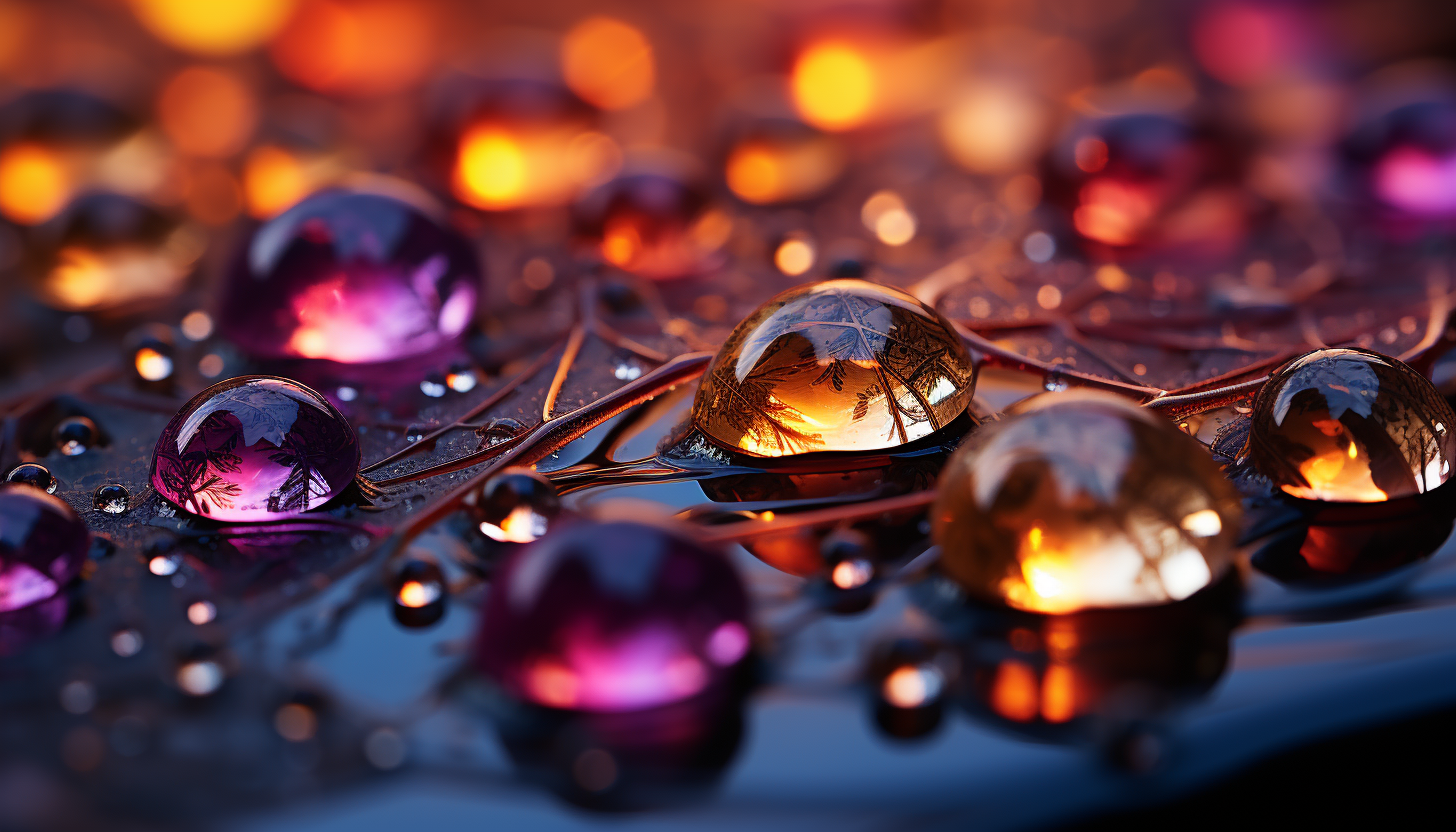 Macro shot of dewdrops on a spider's web, reflecting the colors of the dawn.