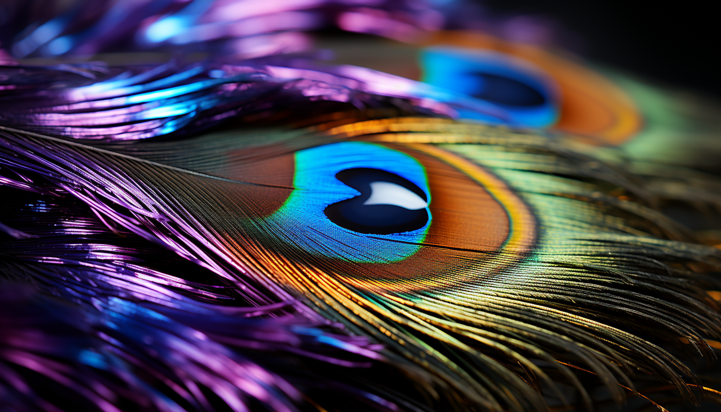 Close-up of a peacock feather, displaying its iridescent colors and complex design.