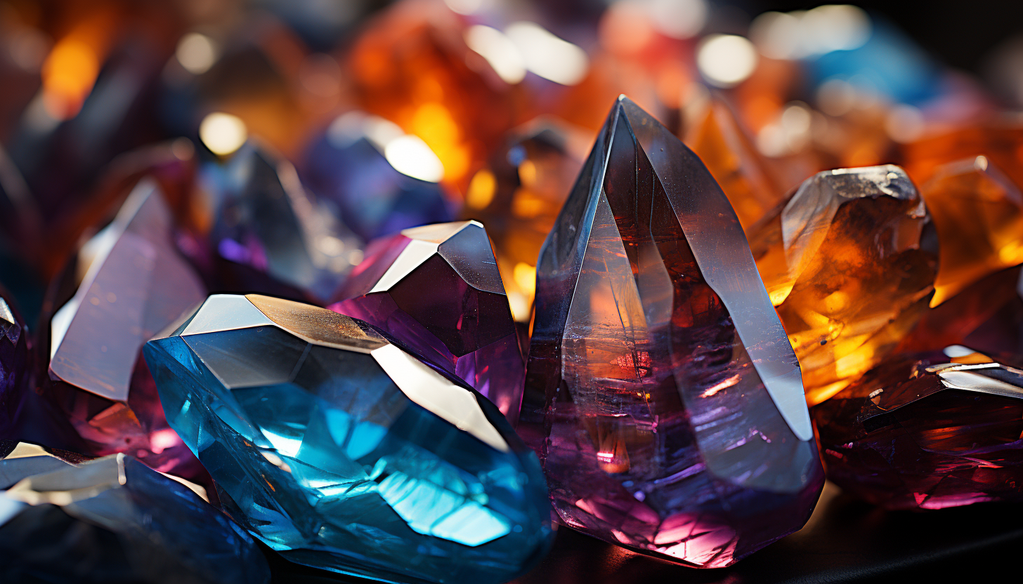 Macro shot of colorful minerals or crystals, reflecting light in dazzling ways.