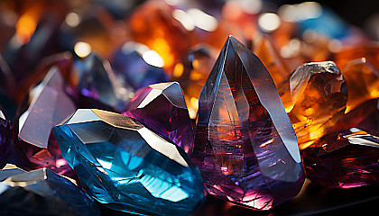 Macro shot of colorful minerals or crystals, reflecting light in dazzling ways.