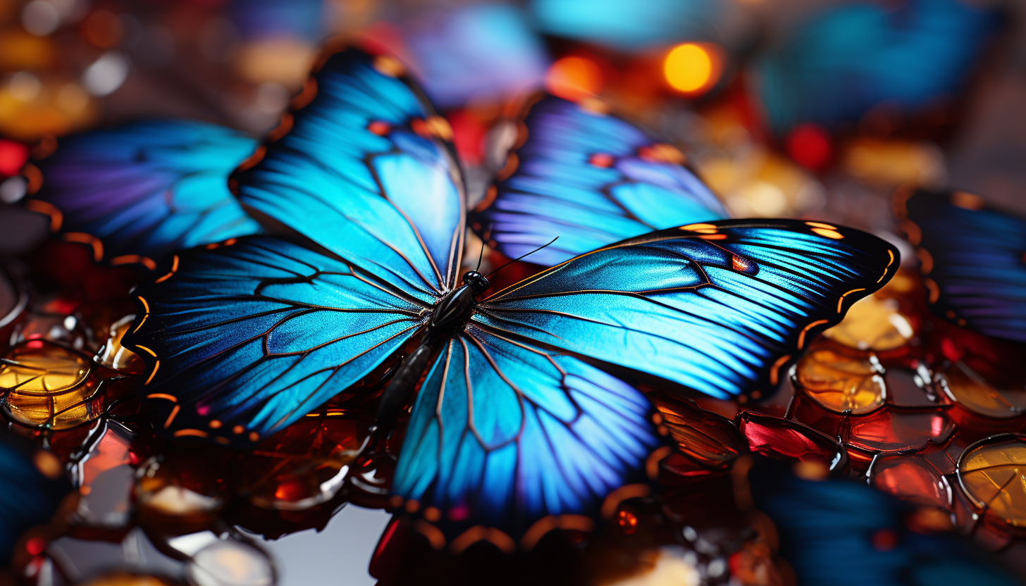 A macro shot of butterfly wings revealing intricate patterns and colors.